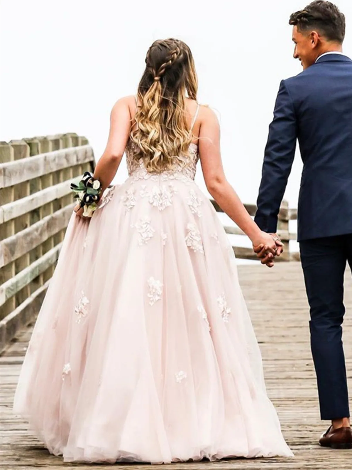 A Line V Neck Open Back Dusty Pink Lace Long Prom, Dusty Pink Lace Long Formal Evening, Pink Wedding