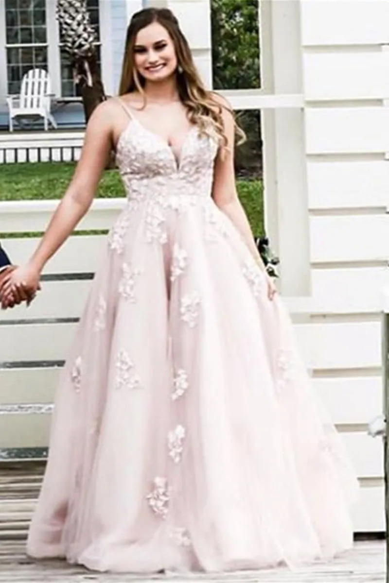 A Line V Neck Open Back Dusty Pink Lace Long Prom, Dusty Pink Lace Long Formal Evening, Pink Wedding