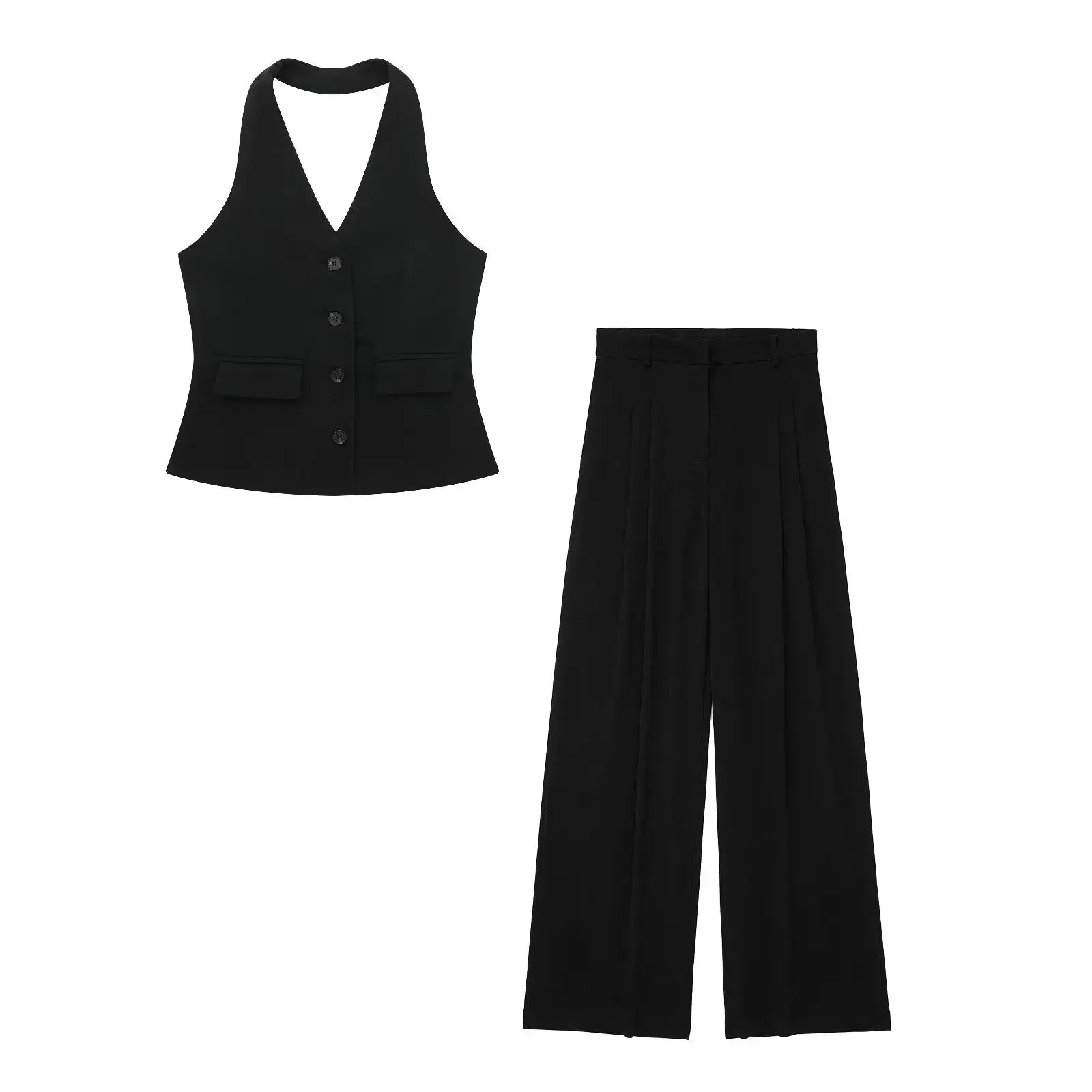 A&A Halter Neck Sleeveless Vest Top And Wide Leg Pant Set