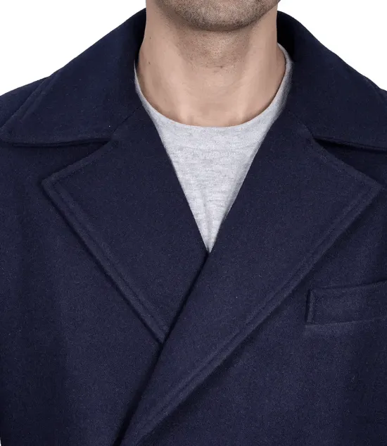 Aaron Men's Blue Double Breasted Long Wool Coat