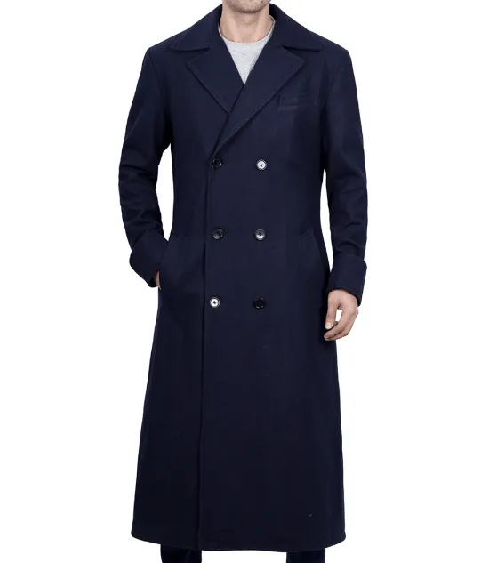 Aaron Men's Blue Double Breasted Long Wool Coat