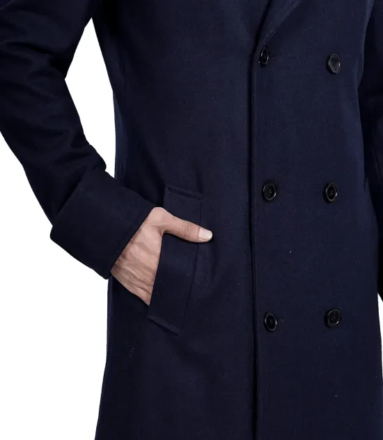 Aaron Men's Blue Double Breasted Long Wool Coat