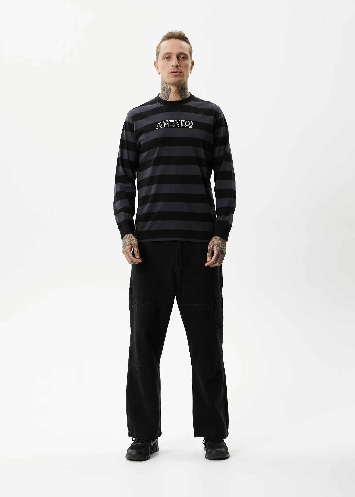 AFENDS Mens Sideline - Long Sleeve Striped T-Shirt - Black