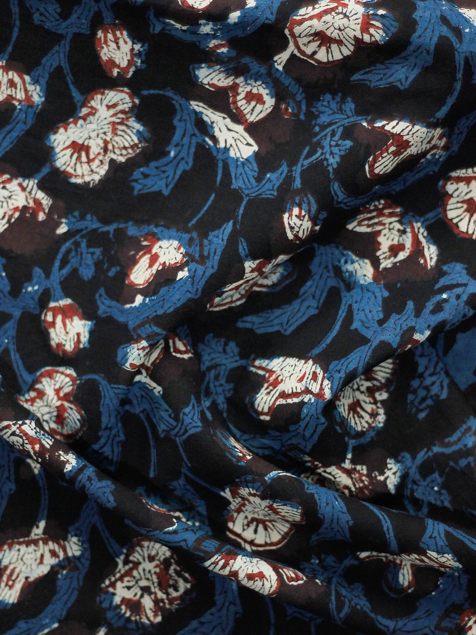 Black Indigo Maroon Beige Hand Block Printed Cotton Fabric Per Meter - F001F1843