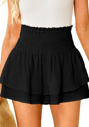 Black Women's Elastic Summer Waist High Waisted Ruffle Beach Shorts