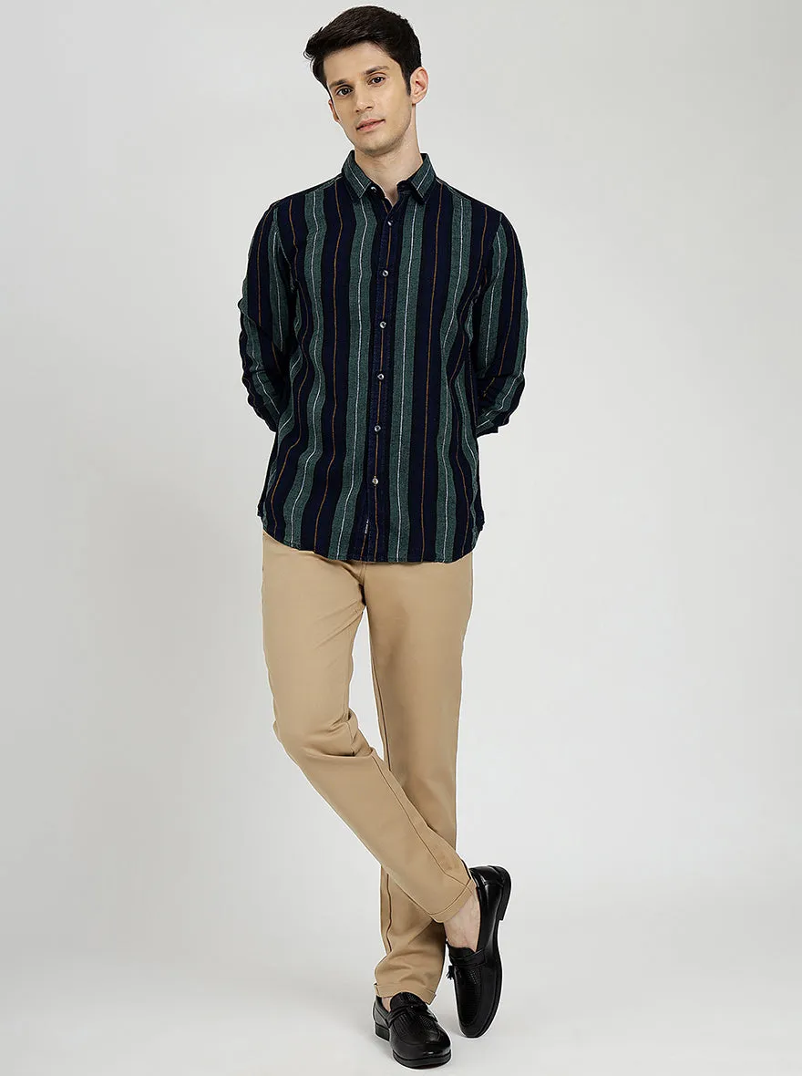 Blue & Green Striped Slim Fit Casual Shirt | JadeBlue