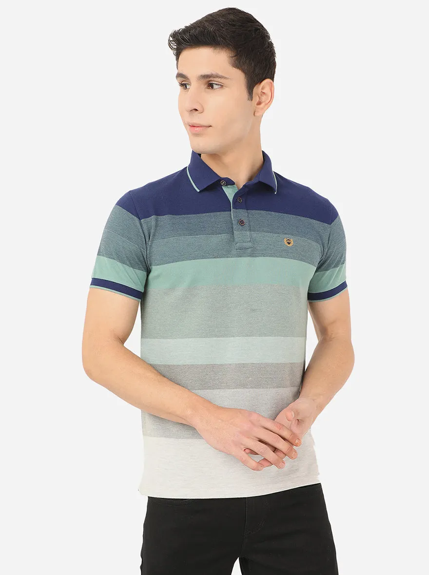 Blue & Pista Green Striped Slim Fit Polo T-Shirt | JadeBlue