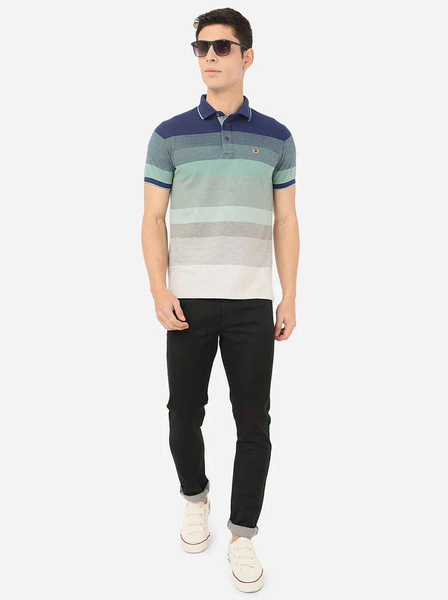 Blue & Pista Green Striped Slim Fit Polo T-Shirt | JadeBlue