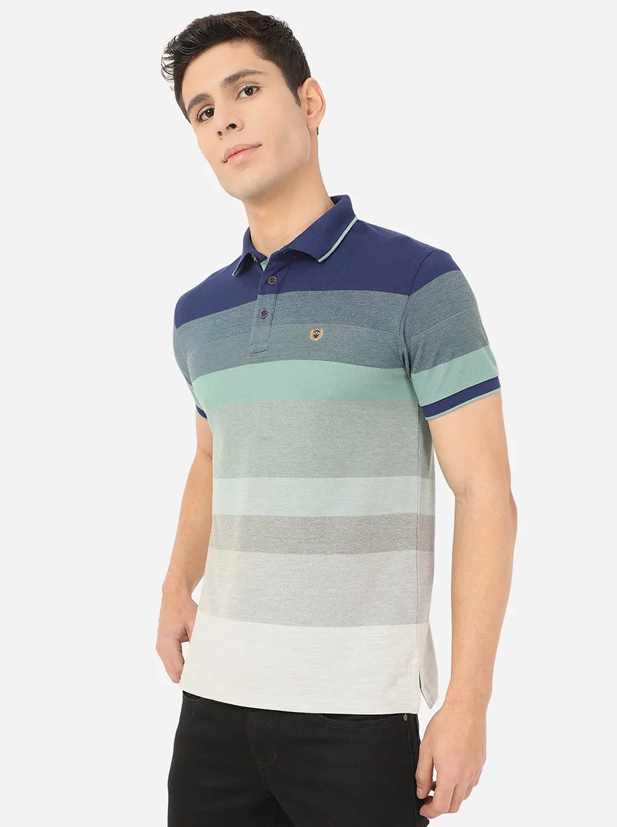 Blue & Pista Green Striped Slim Fit Polo T-Shirt | JadeBlue