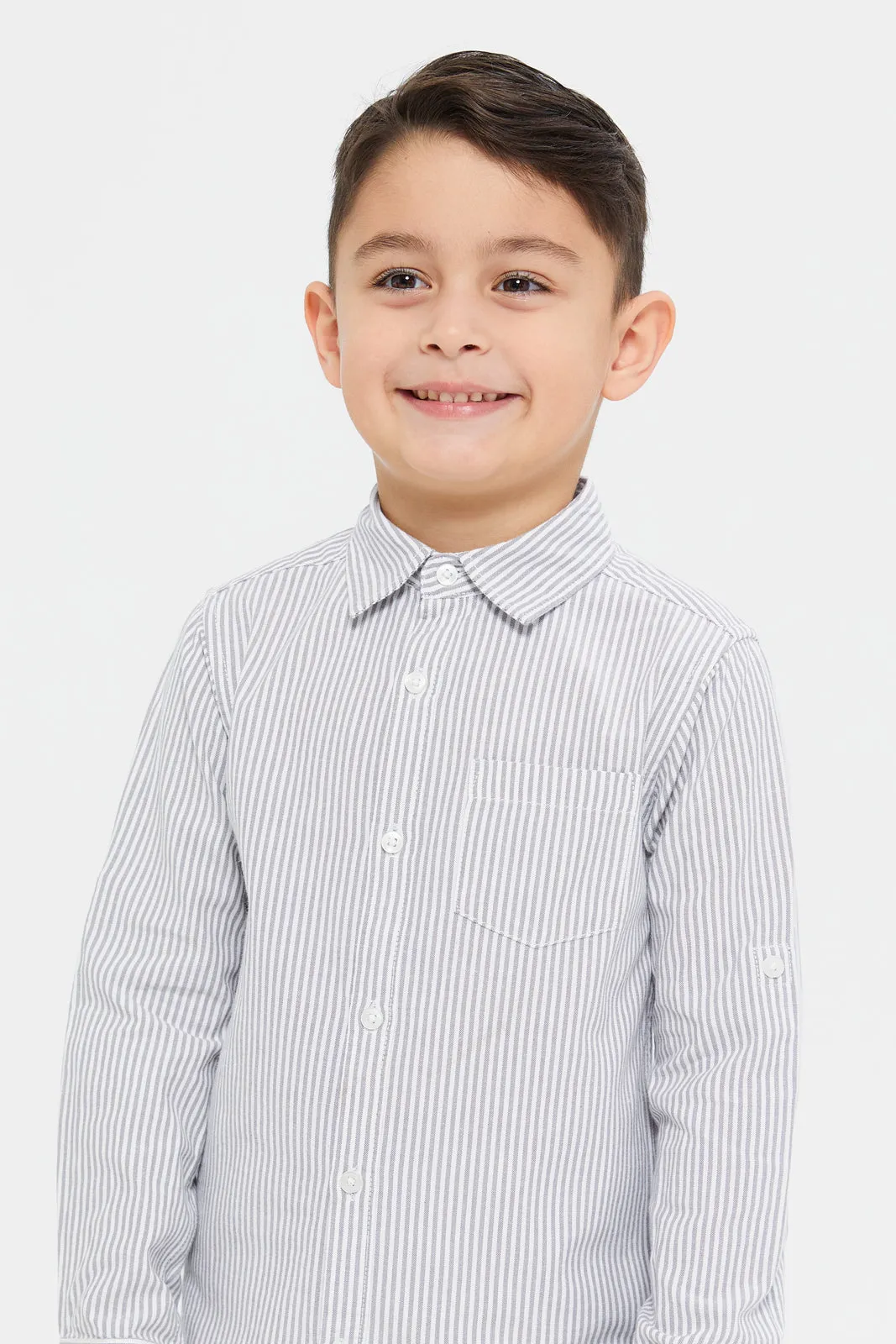 Boys Grey And White Striped Casual Shirt