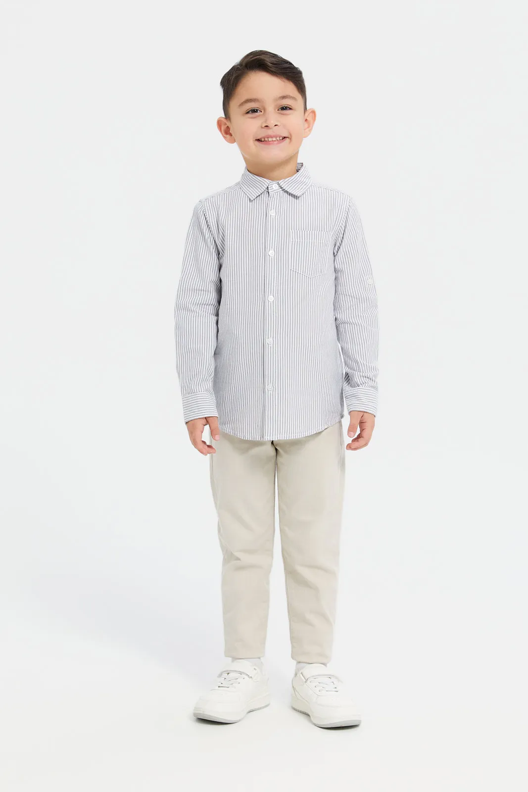 Boys Grey And White Striped Casual Shirt