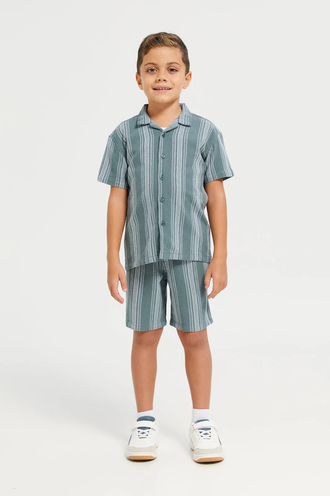 Boys Junior Green 2Pcs Stripe Set Short Sleeve Shirt With Short