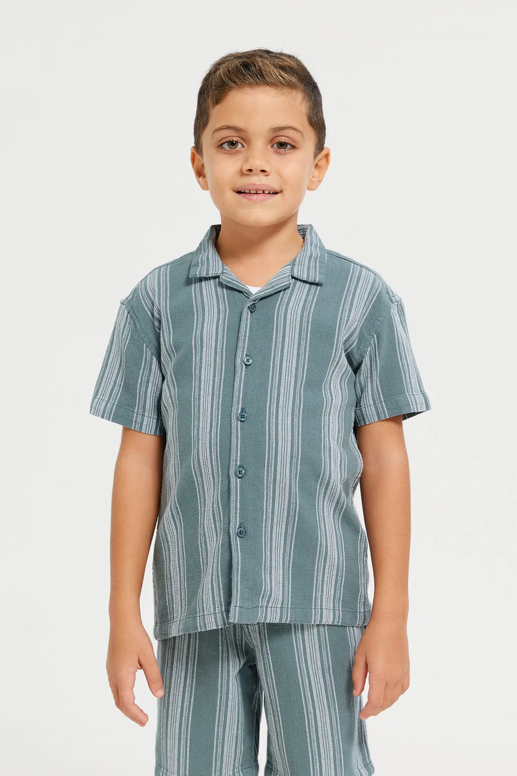 Boys Junior Green 2Pcs Stripe Set Short Sleeve Shirt With Short