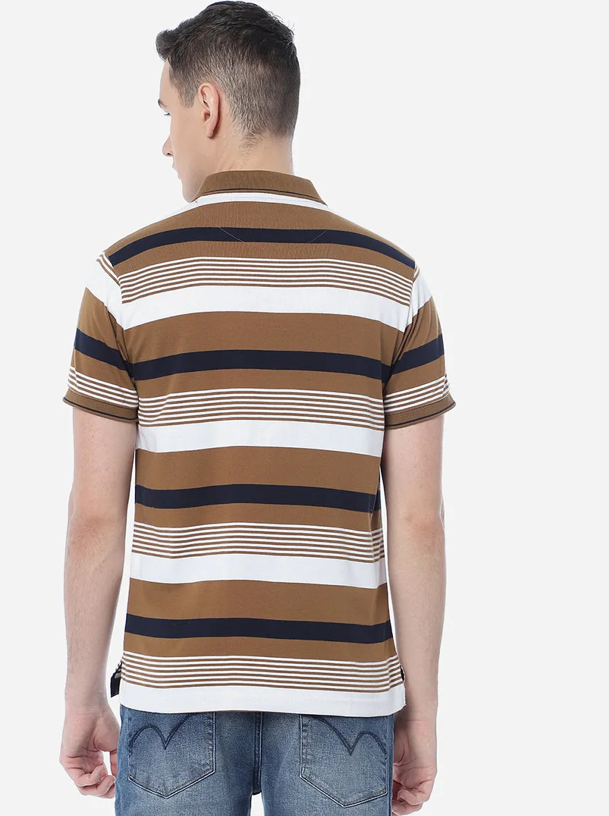 Brown & White Striped Slim Fit Polo T-Shirt | Greenfibre