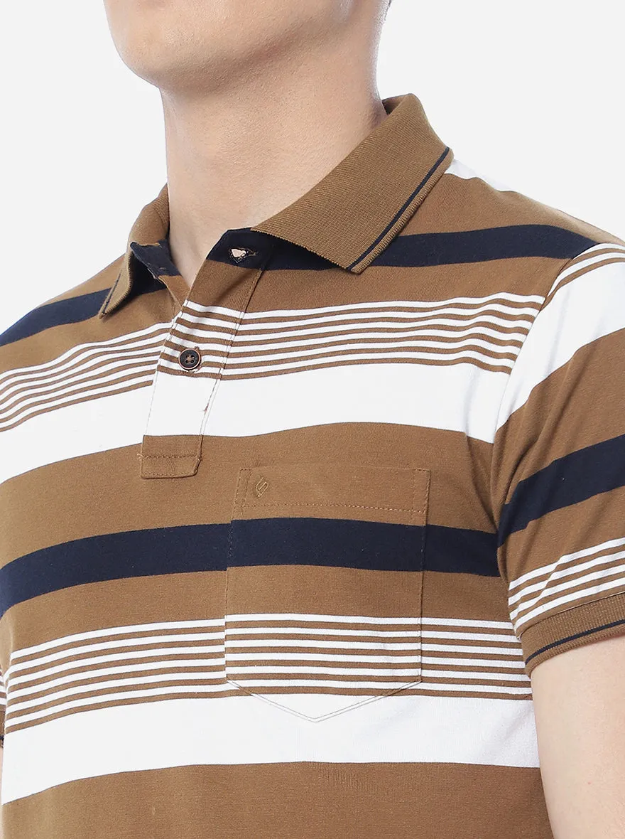 Brown & White Striped Slim Fit Polo T-Shirt | Greenfibre