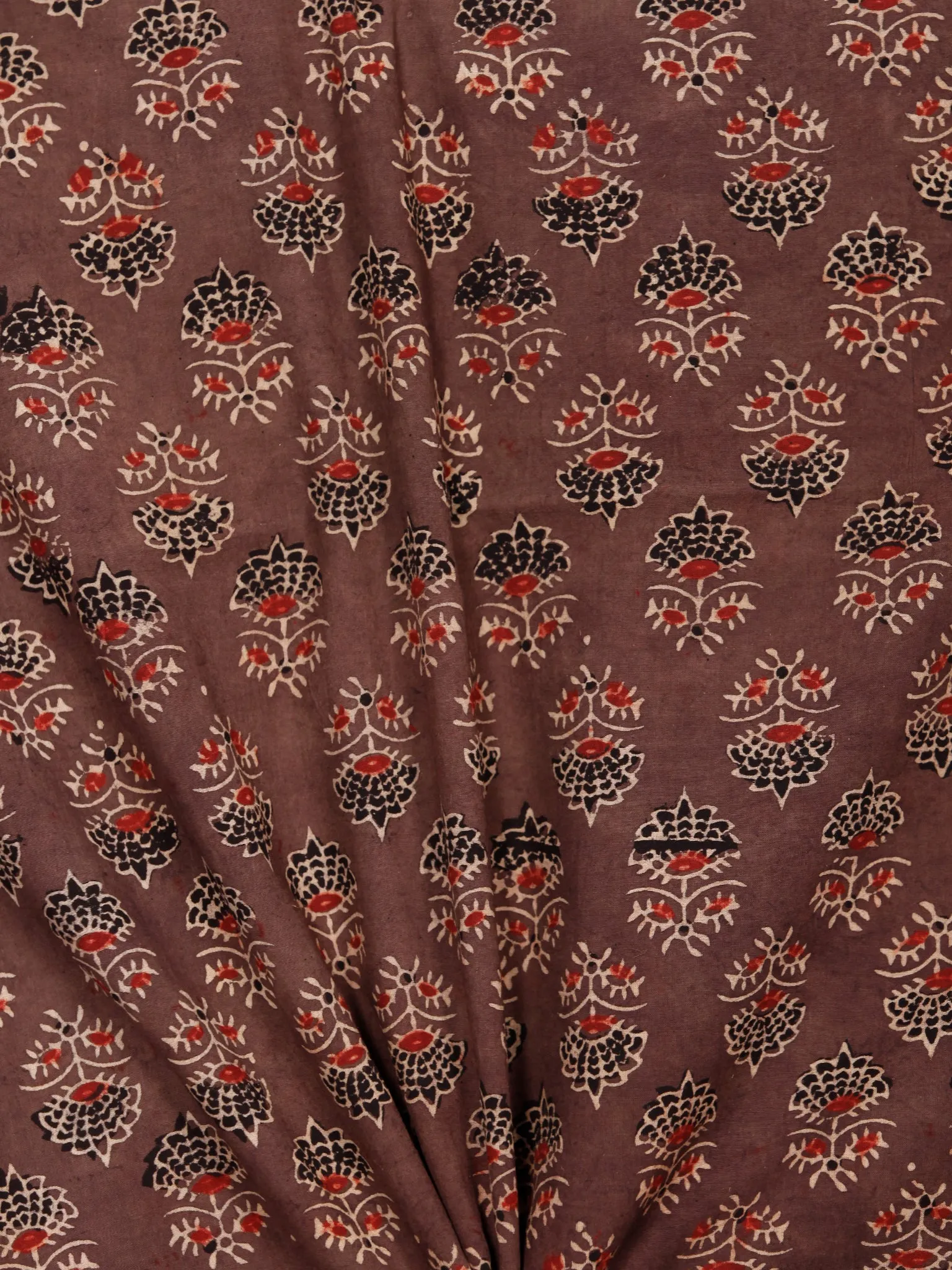 Brown Black Maroon Beige Ajrakh Hand Block Printed Cotton Fabric Per Meter - F003F1784