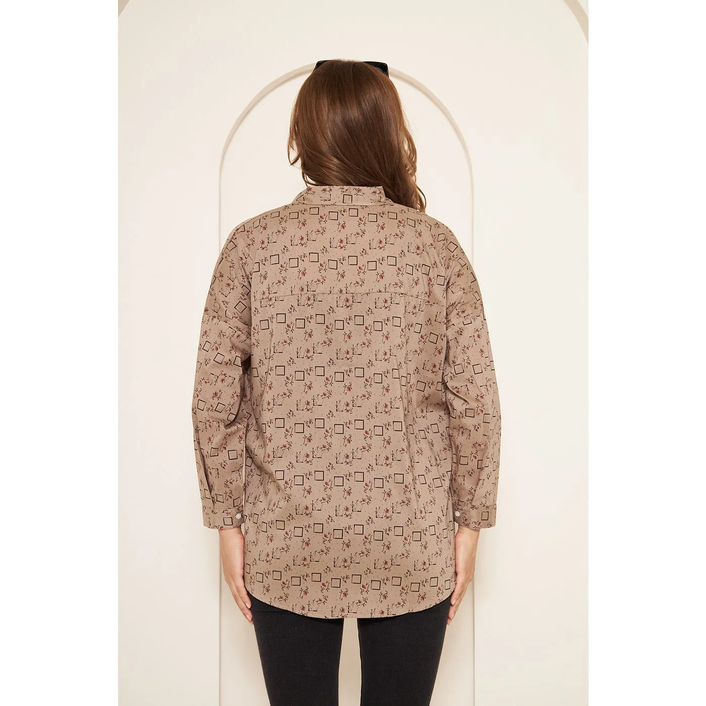 Brown Printed Oversized Shirt