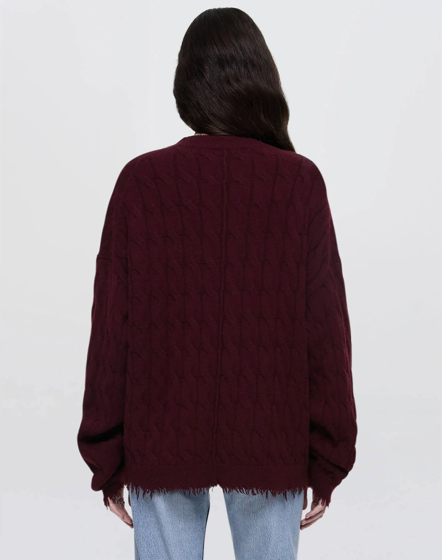 Cashmere Cable V Neck Pullover - Oxblood