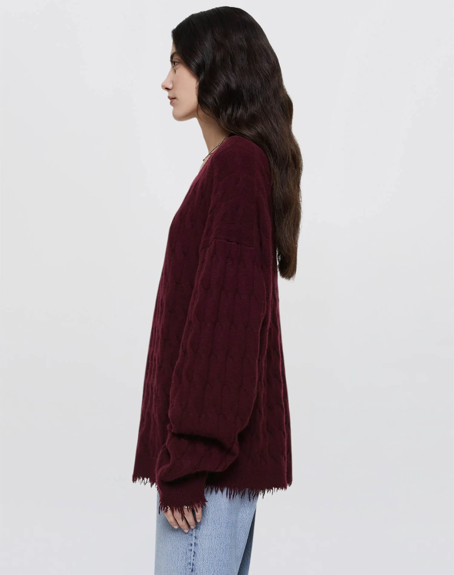 Cashmere Cable V Neck Pullover - Oxblood