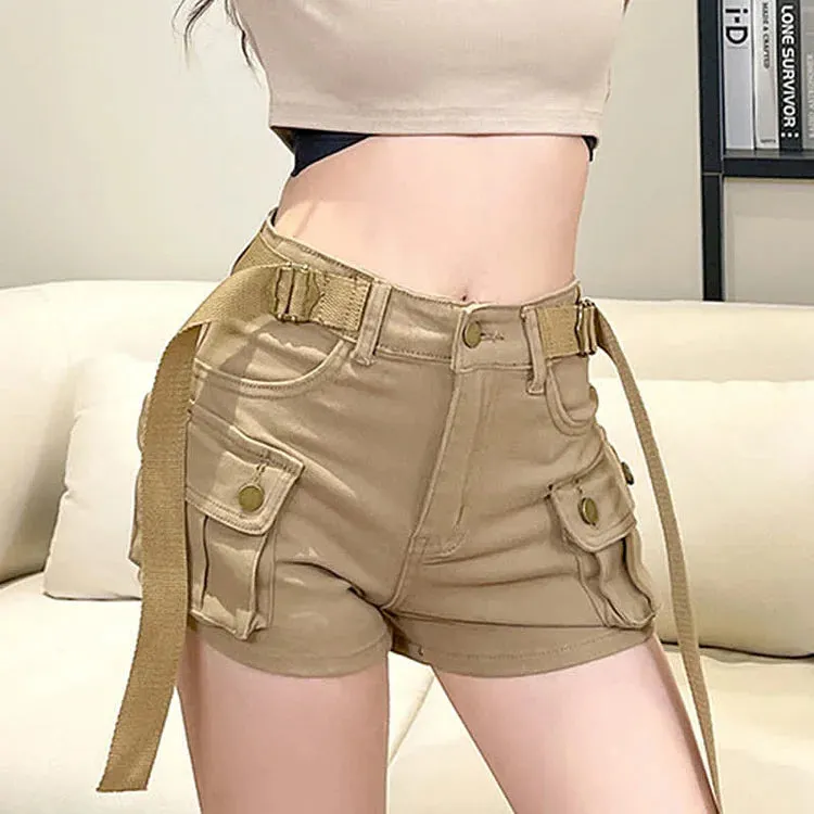 Chic High Waist Belted Cargo Pockets Denim Shorts