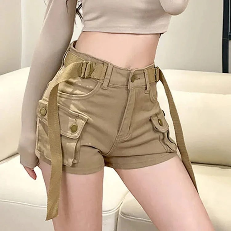 Chic High Waist Belted Cargo Pockets Denim Shorts