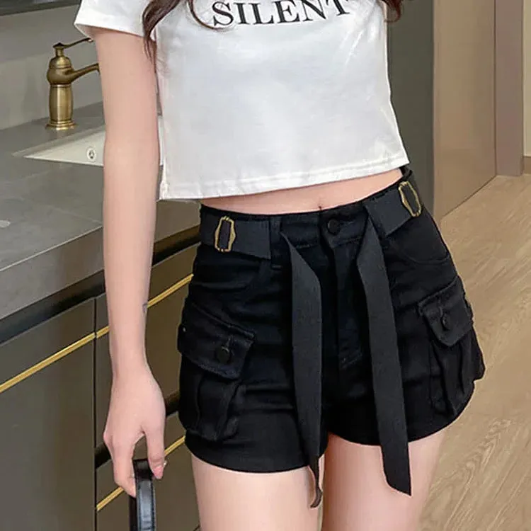 Chic High Waist Belted Cargo Pockets Denim Shorts