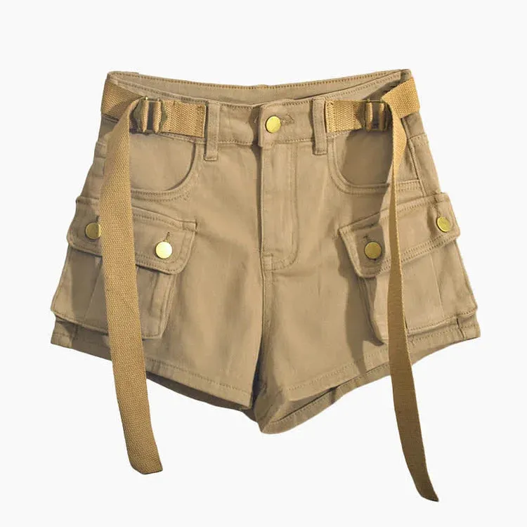 Chic High Waist Belted Cargo Pockets Denim Shorts