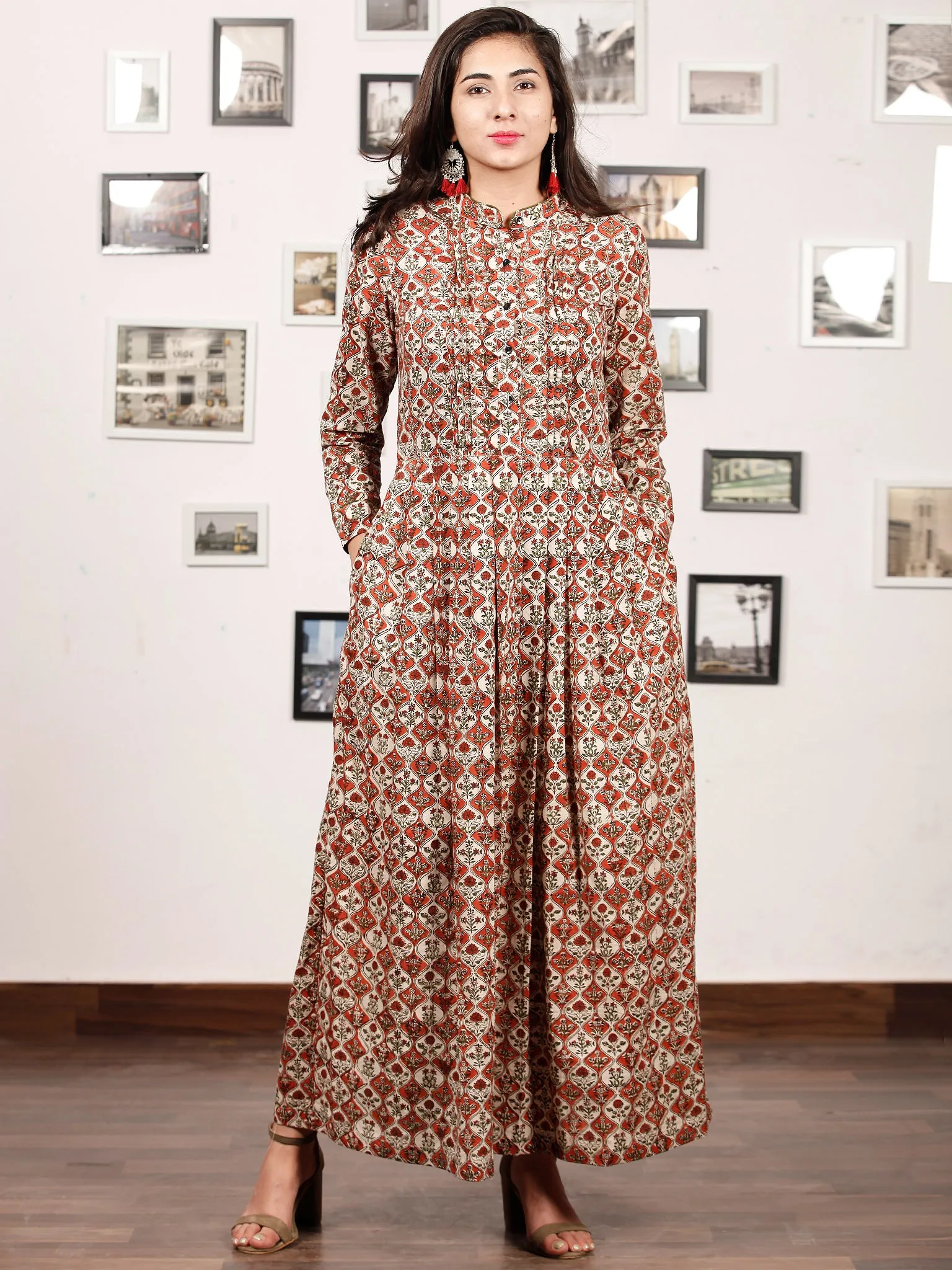 CLASSY VIBES - Hand Block Printed Cotton Long Dress With Pin Tuck - D328F896