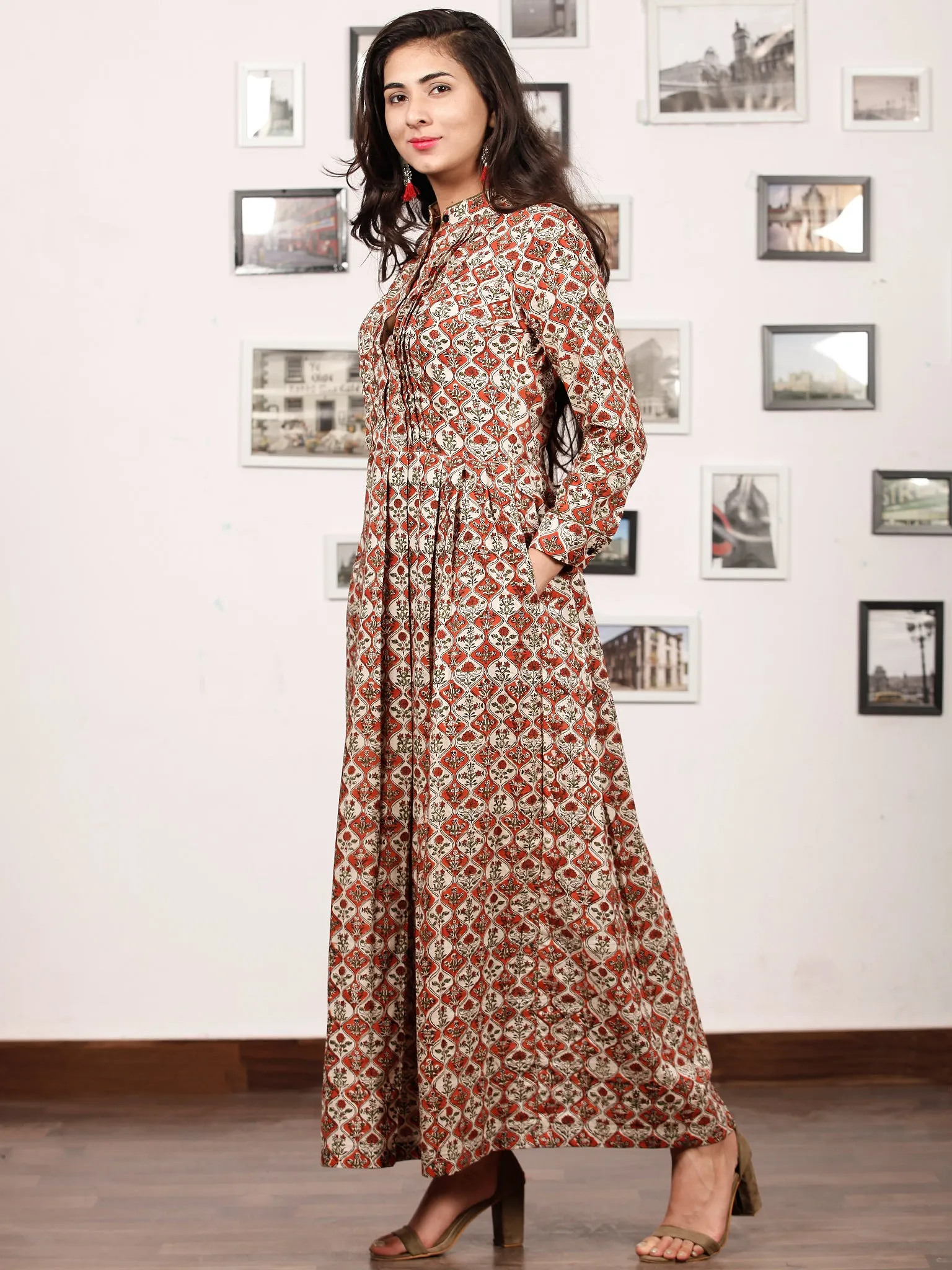 CLASSY VIBES - Hand Block Printed Cotton Long Dress With Pin Tuck - D328F896