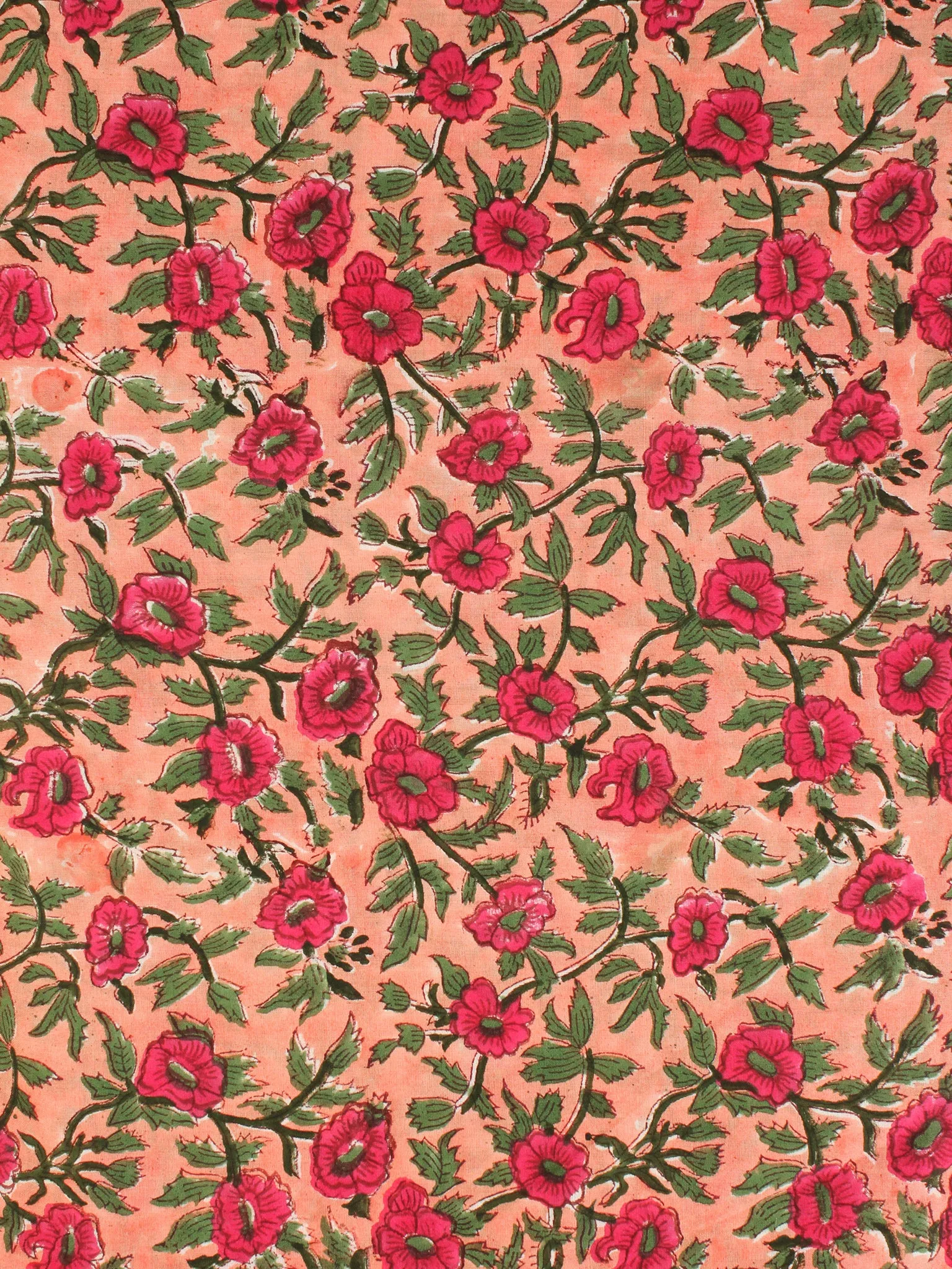 Coral Pink Green Hand Block Printed Cotton Fabric Per Meter - F001F2190