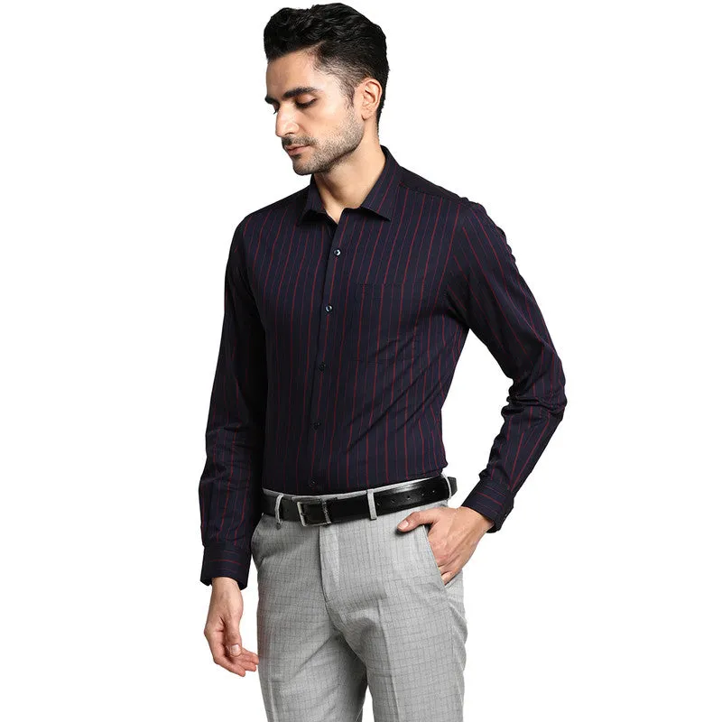 Cotton Blue Slim Fit Striped Formal Shirts