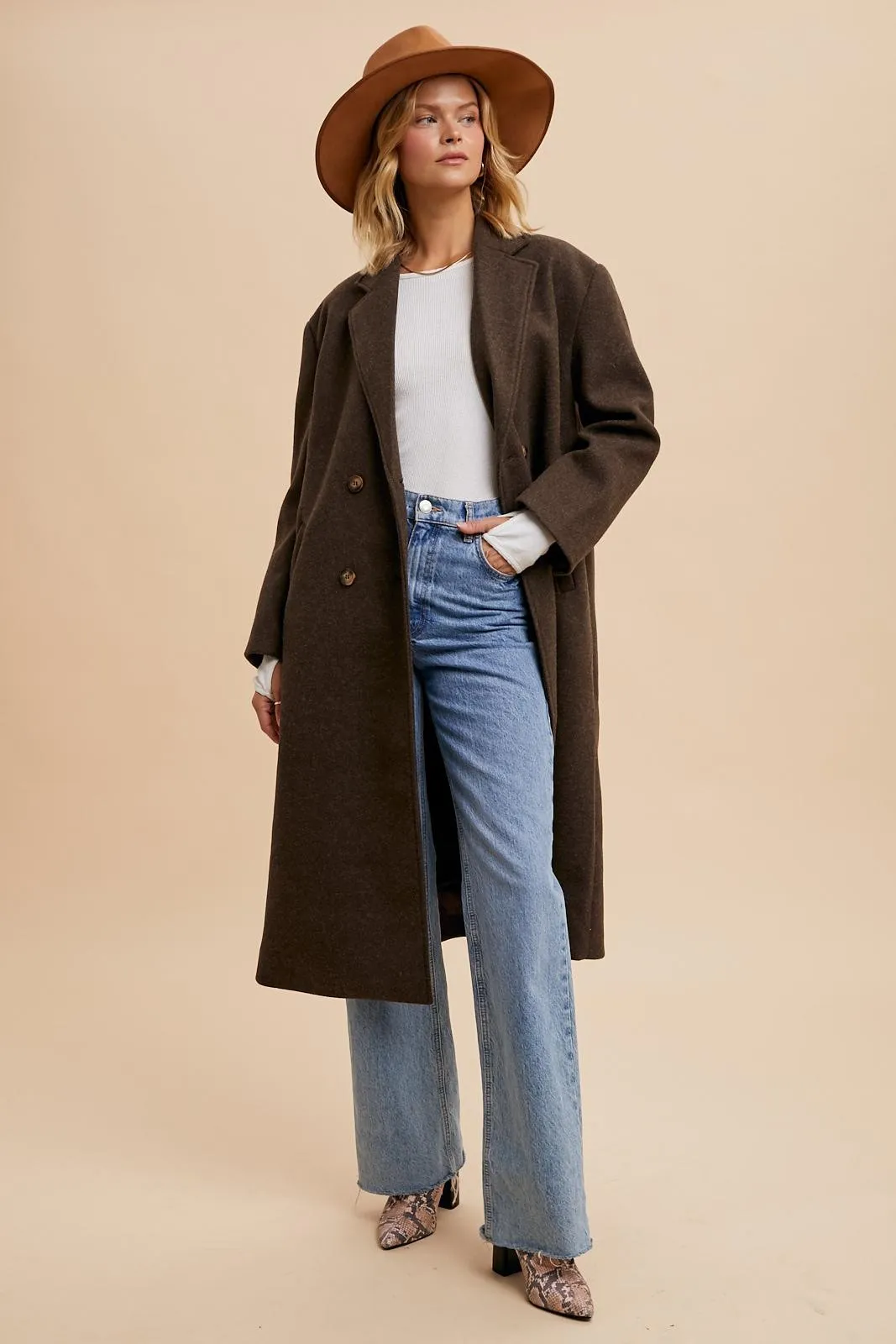 Double Breasted Lapel Duster Coat - Mocha