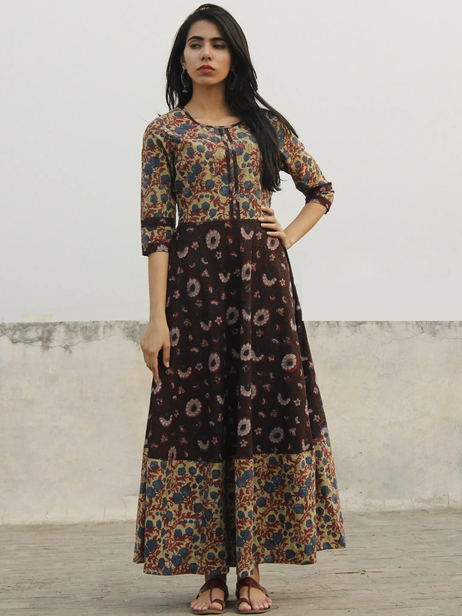 Dusty Green Maroon Indigo Ivory Black Hand Block Long Cotton Dress  - D150F1095