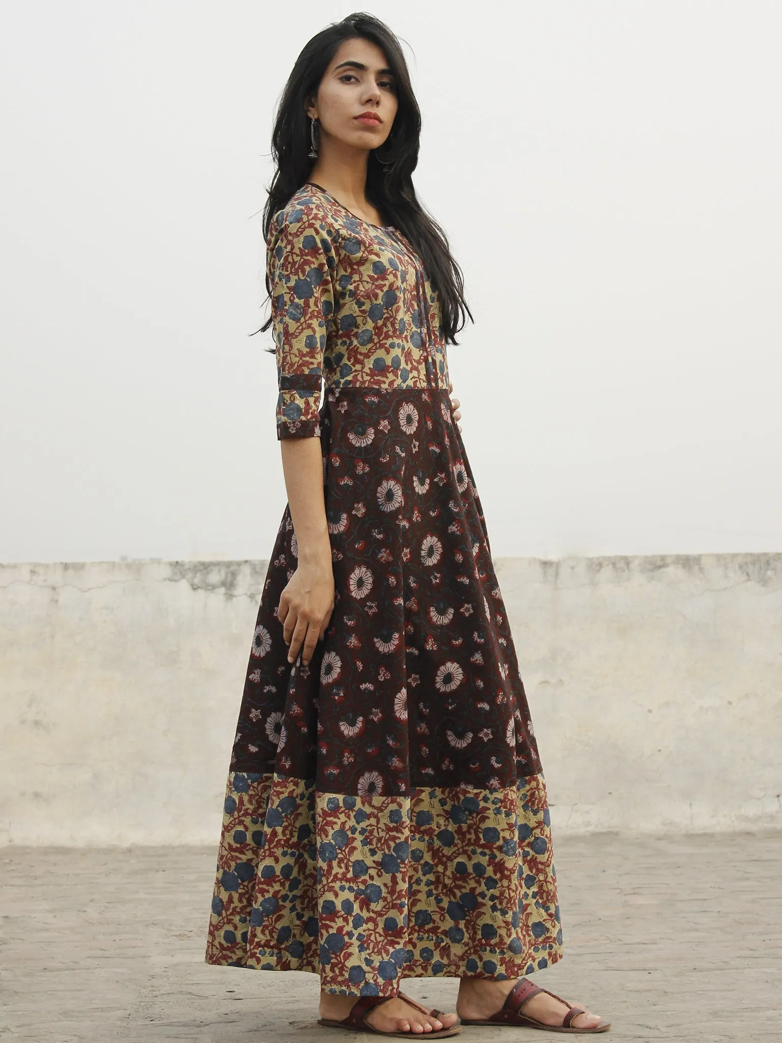 Dusty Green Maroon Indigo Ivory Black Hand Block Long Cotton Dress  - D150F1095