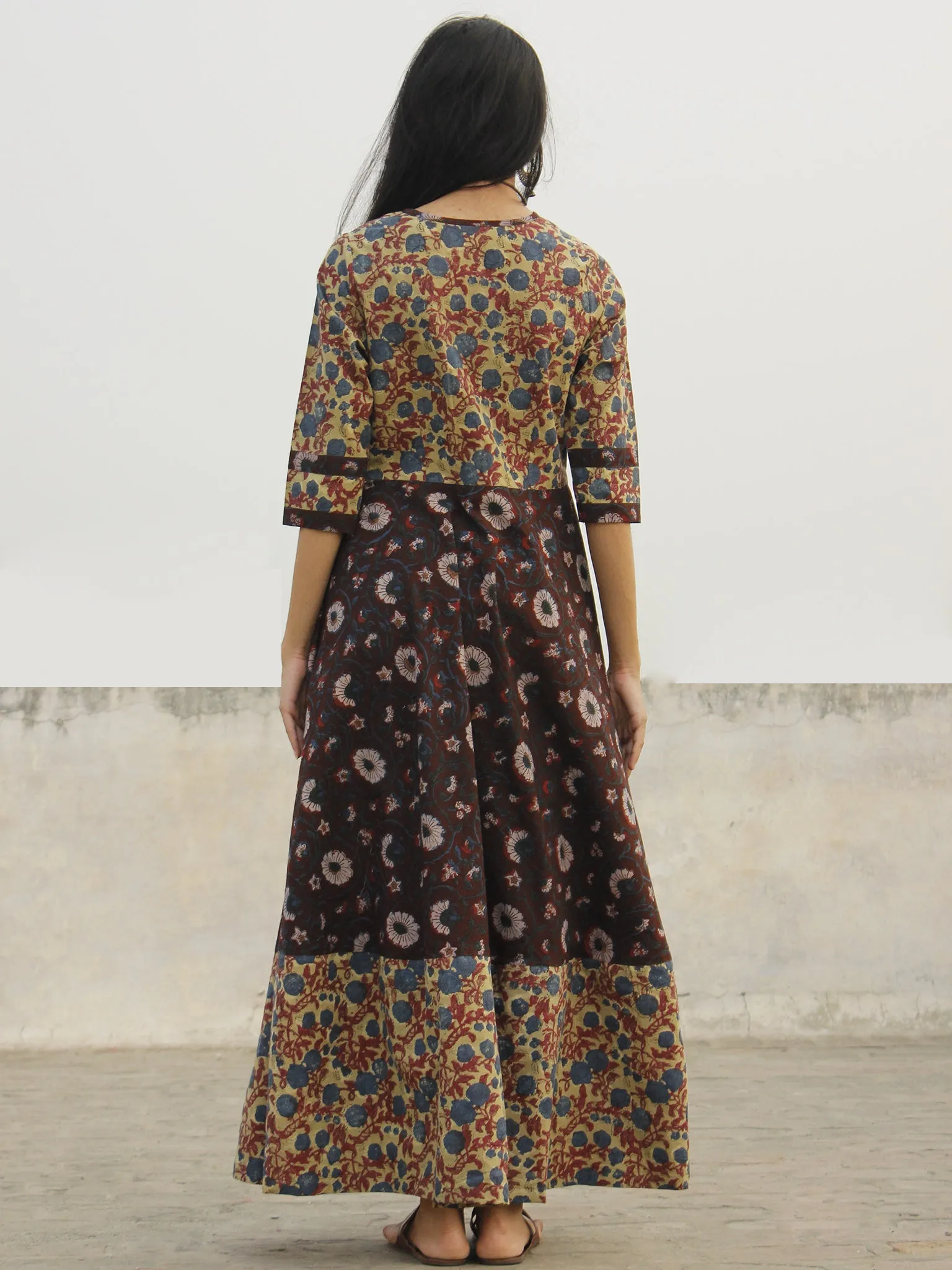 Dusty Green Maroon Indigo Ivory Black Hand Block Long Cotton Dress  - D150F1095