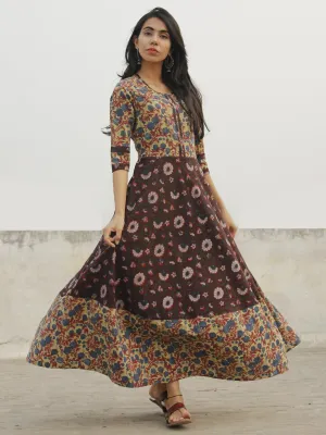 Dusty Green Maroon Indigo Ivory Black Hand Block Long Cotton Dress  - D150F1095