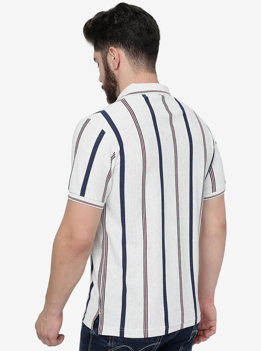 Ecru Melange Striped Slim Fit Polo T-Shirt | JadeBlue