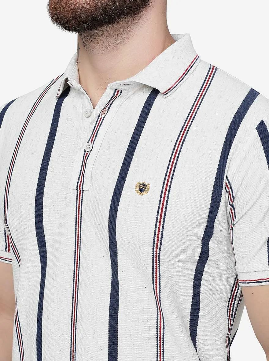 Ecru Melange Striped Slim Fit Polo T-Shirt | JadeBlue