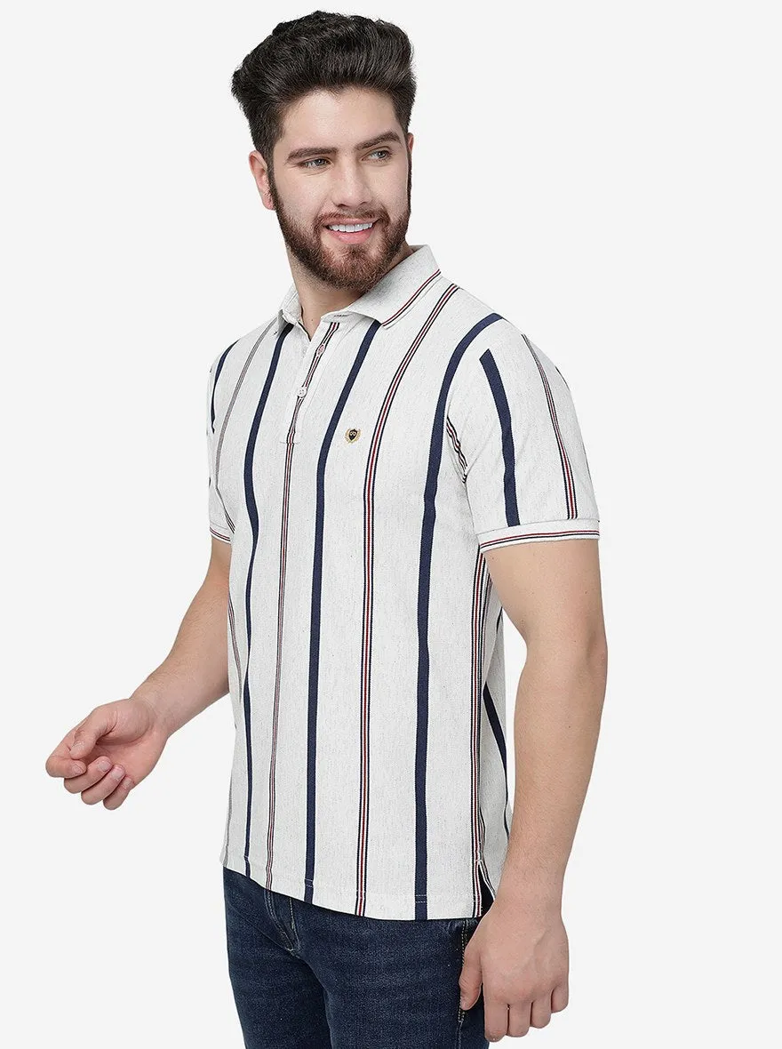 Ecru Melange Striped Slim Fit Polo T-Shirt | JadeBlue