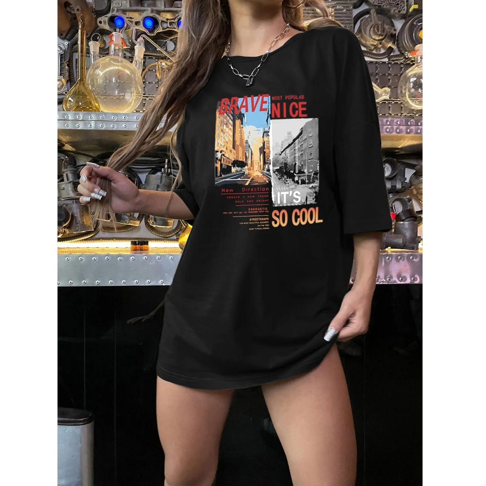 Fast Casual Black T Shirt Simple Round Neck Printed Short Sleeve Women Top Loose