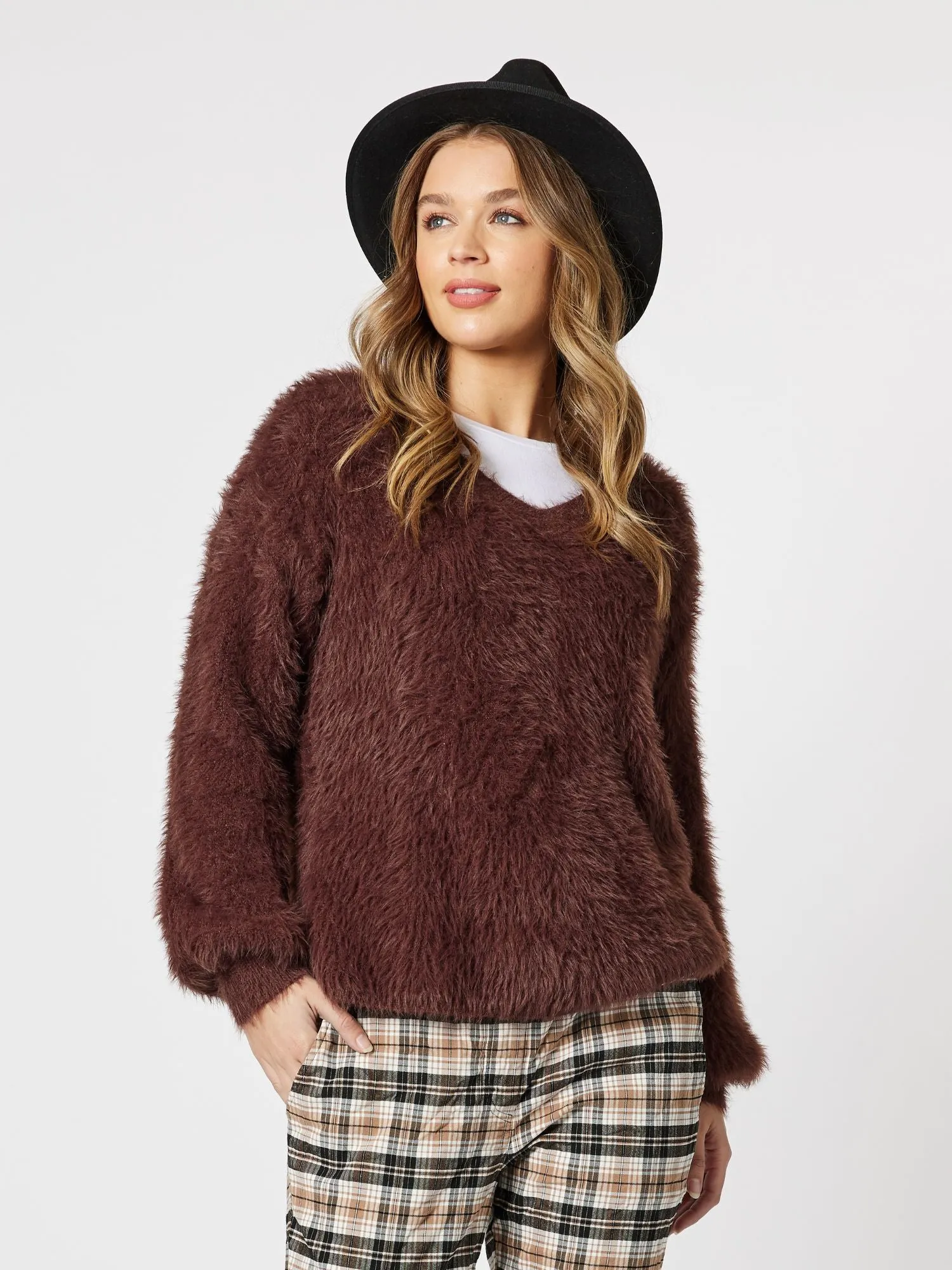 Fluffy V-Neck Knit Jumper - Chocolate