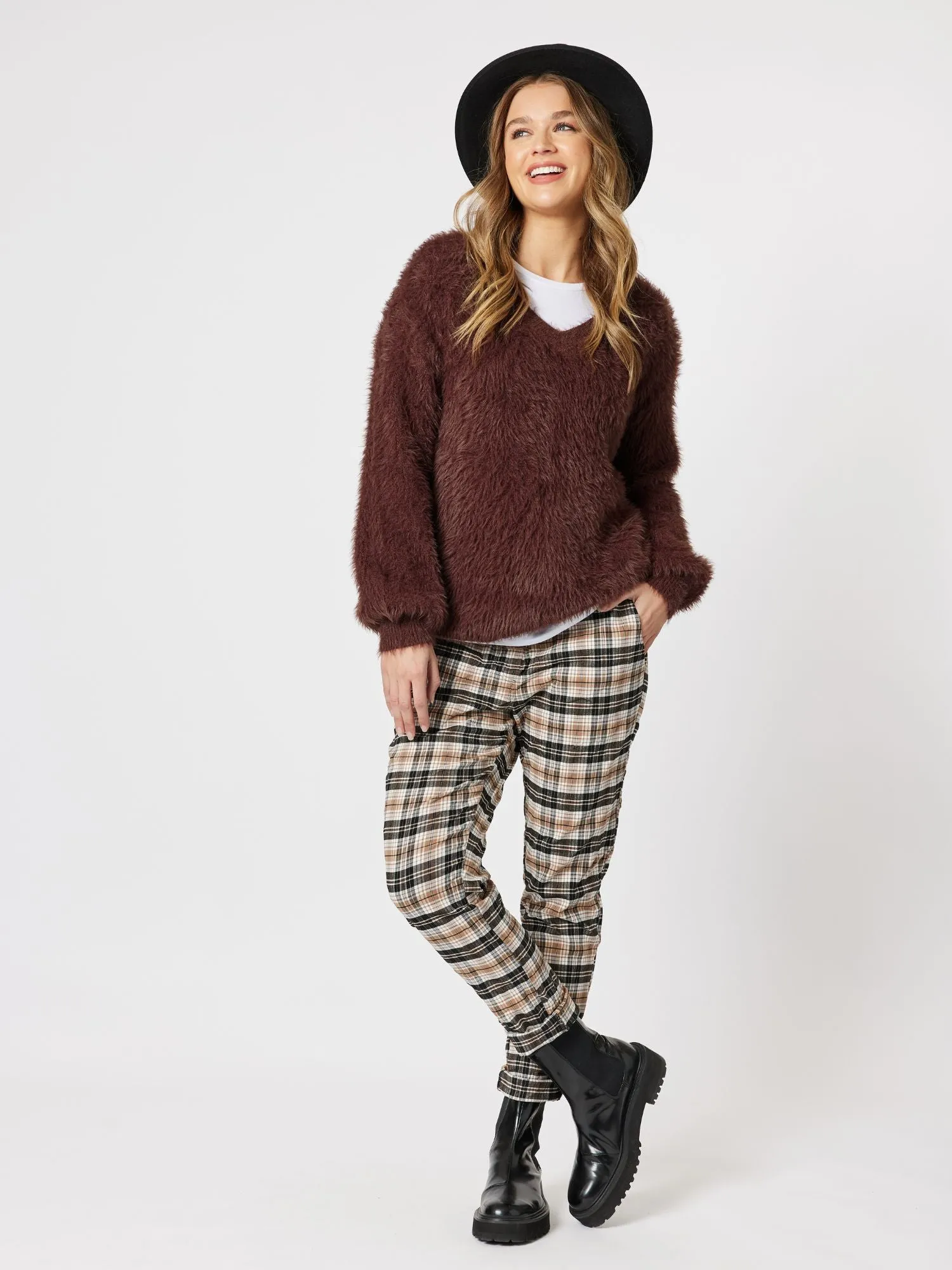 Fluffy V-Neck Knit Jumper - Chocolate