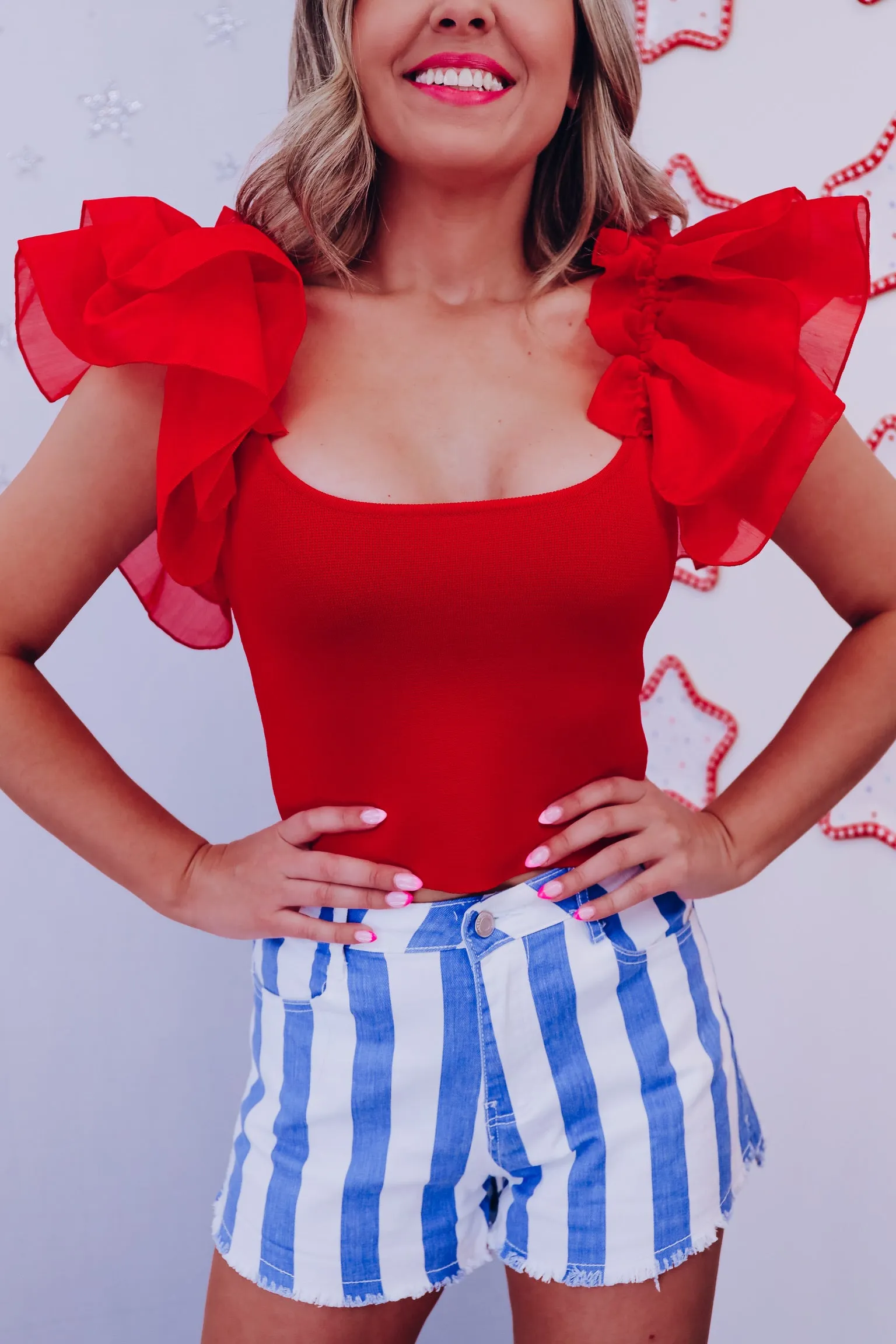 Frilly Ruffle Sleeve Crop Top - Red