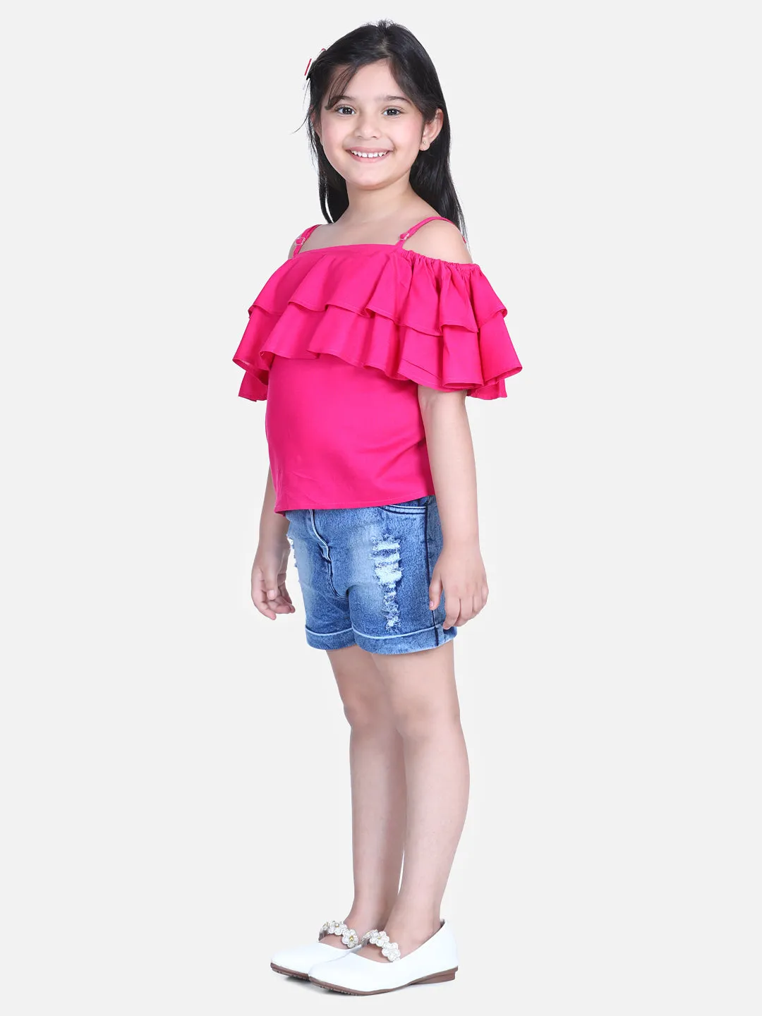 Girl's  Pink Pink Cold Shoulder Top With Denim Shorts - StyleStone Kid