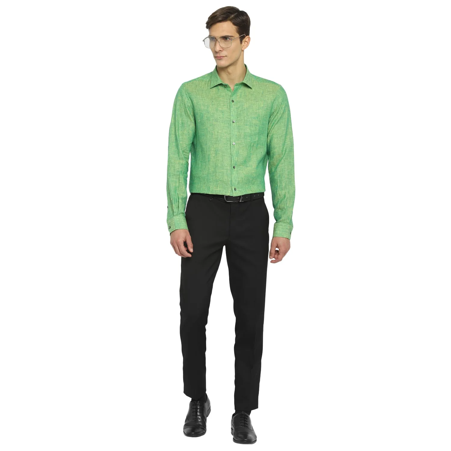 Green Linen Solid Slim Fit Shirts