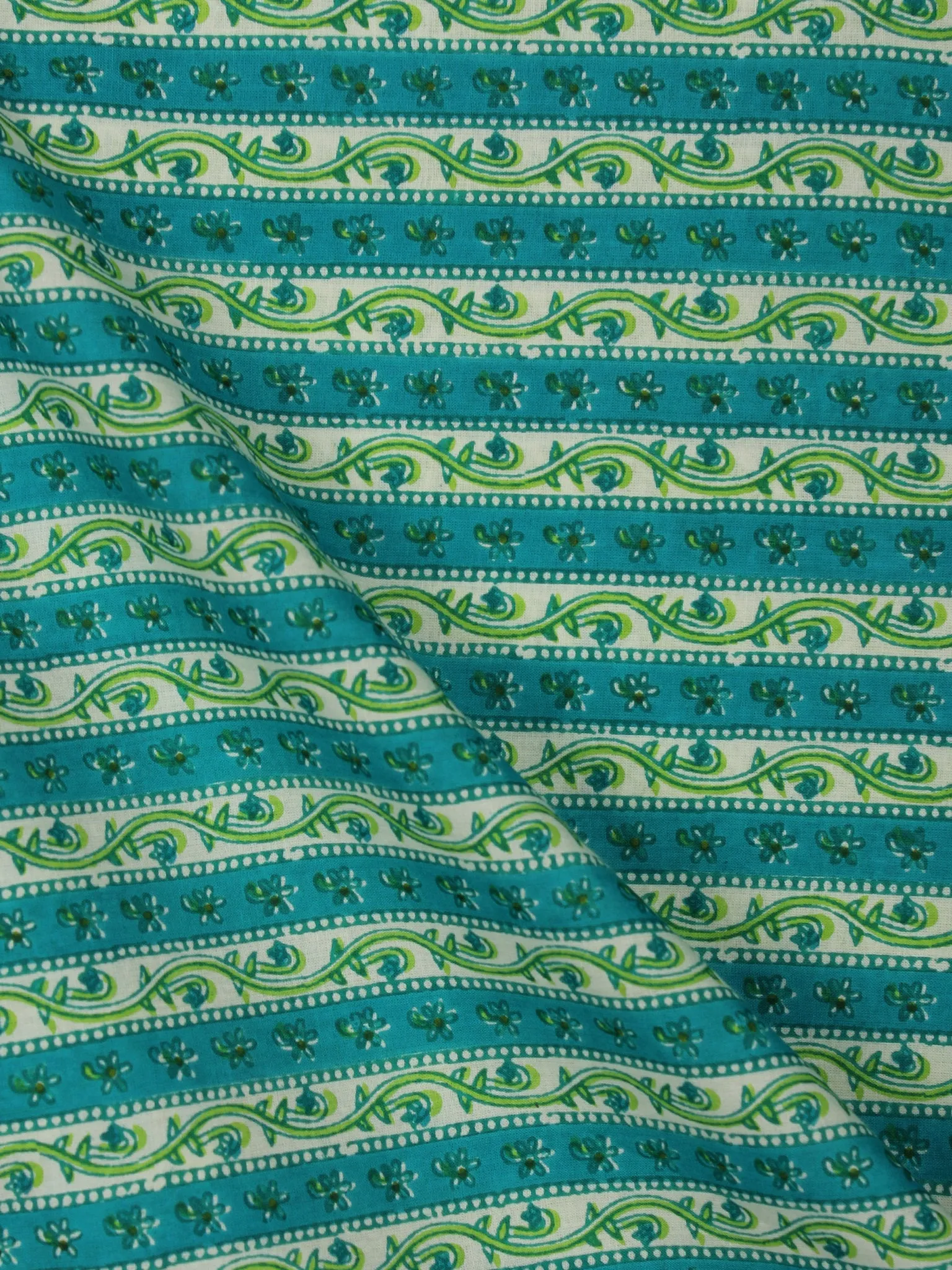 Green White Blue Hand Block Printed Cotton Fabric Per Meter - F001F2021