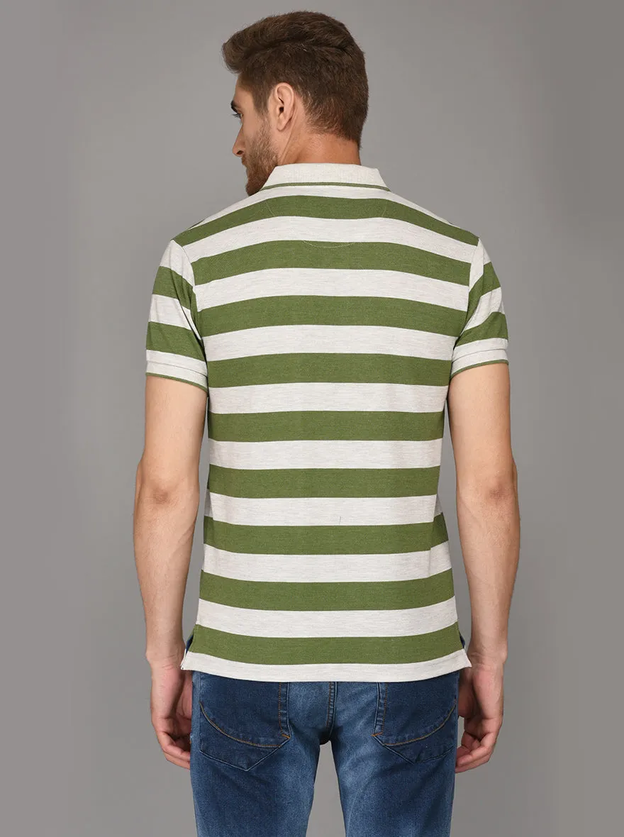 Greenfibre Dark Green & Grey Striped Slim Fit Polo T-Shirt