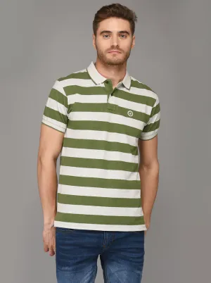 Greenfibre Dark Green & Grey Striped Slim Fit Polo T-Shirt