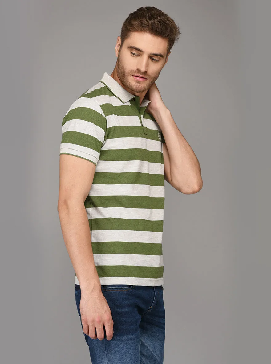 Greenfibre Dark Green & Grey Striped Slim Fit Polo T-Shirt