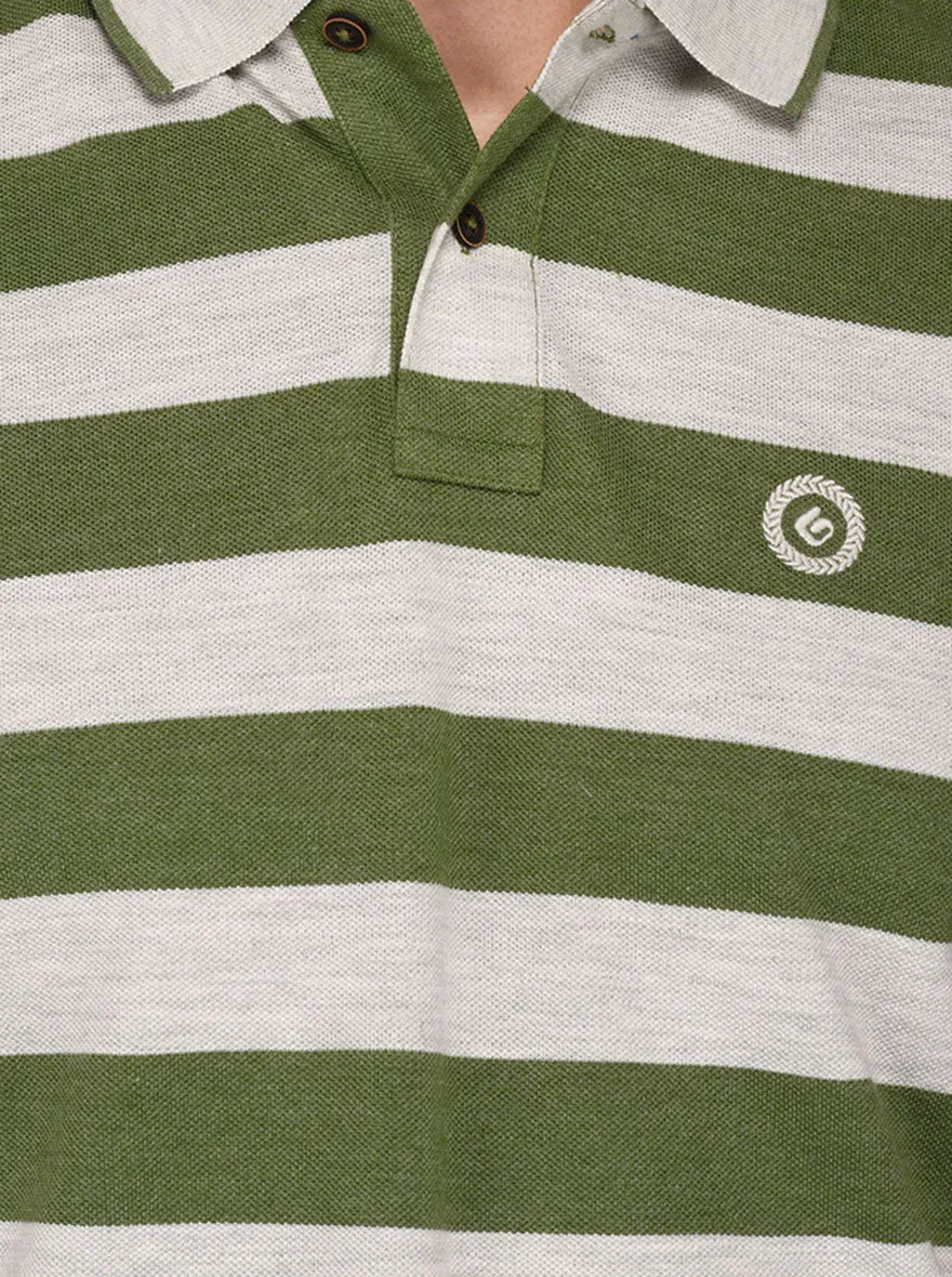 Greenfibre Dark Green & Grey Striped Slim Fit Polo T-Shirt